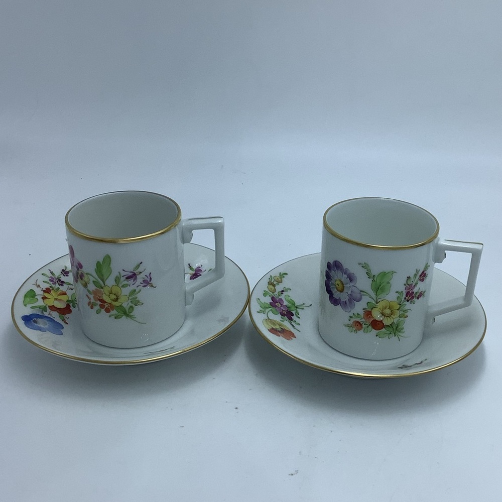 Two Hochst Germany Hand Painted Porcelain Demitasse Cups and Saucers.